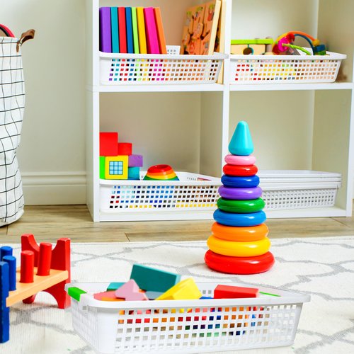 BeapTcely 12 Pack Classroom Storage Baskets 15''x10''x3'' Large Plastic Classroom Paper Trays with Handle Letter Size A4 Paper Toy Basket Turn in Trays for Library, Office Desk Drawer Organizing (12)