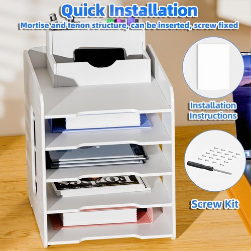 Soulrange 5-Tier Paper Organizer & File Holder for Desk Desktop - Heavy-Duty PVC Storage Rack with Detachable Pen Tray, Office Desk Organizer for Home Office School Classroom