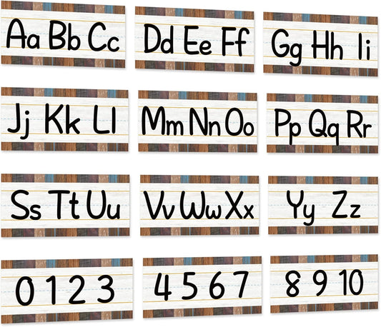Skiennix Alphabet Bulletin Board Strips Set - 12 Pieces ABC & Number Border Posters for Classroom | Industrial Chic Design
