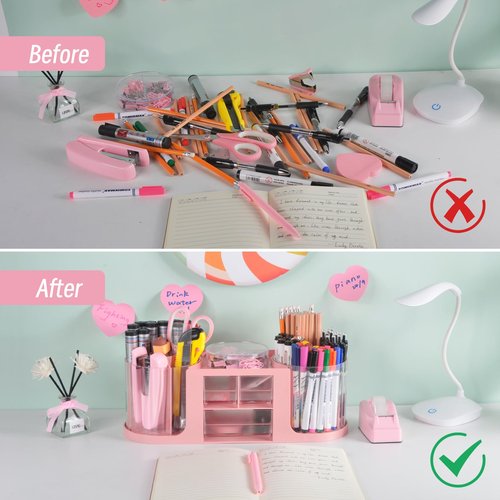 Pink Rotating Desk Organizer and Accessories,Office Supplies 360°Pen Holder with 3 Drawer and Tape Dispenser,Stapler,Staple Remover,Staples,Clips Set,Ruler,Scissor,Pen for Office School Home (Pink)