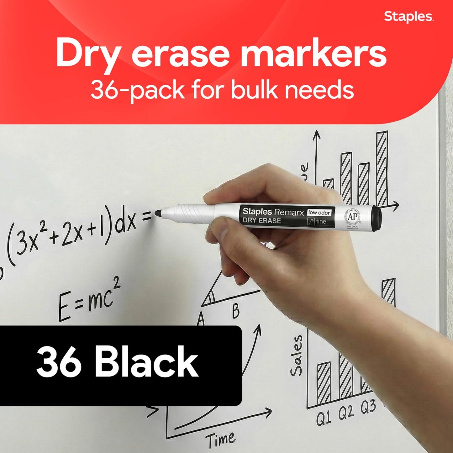 STAPLES Low Odor Dry Erase Markers, Fine Tip, Black, 36 Pack – Remarx Precision Whiteboard Markers for Offices & Classrooms