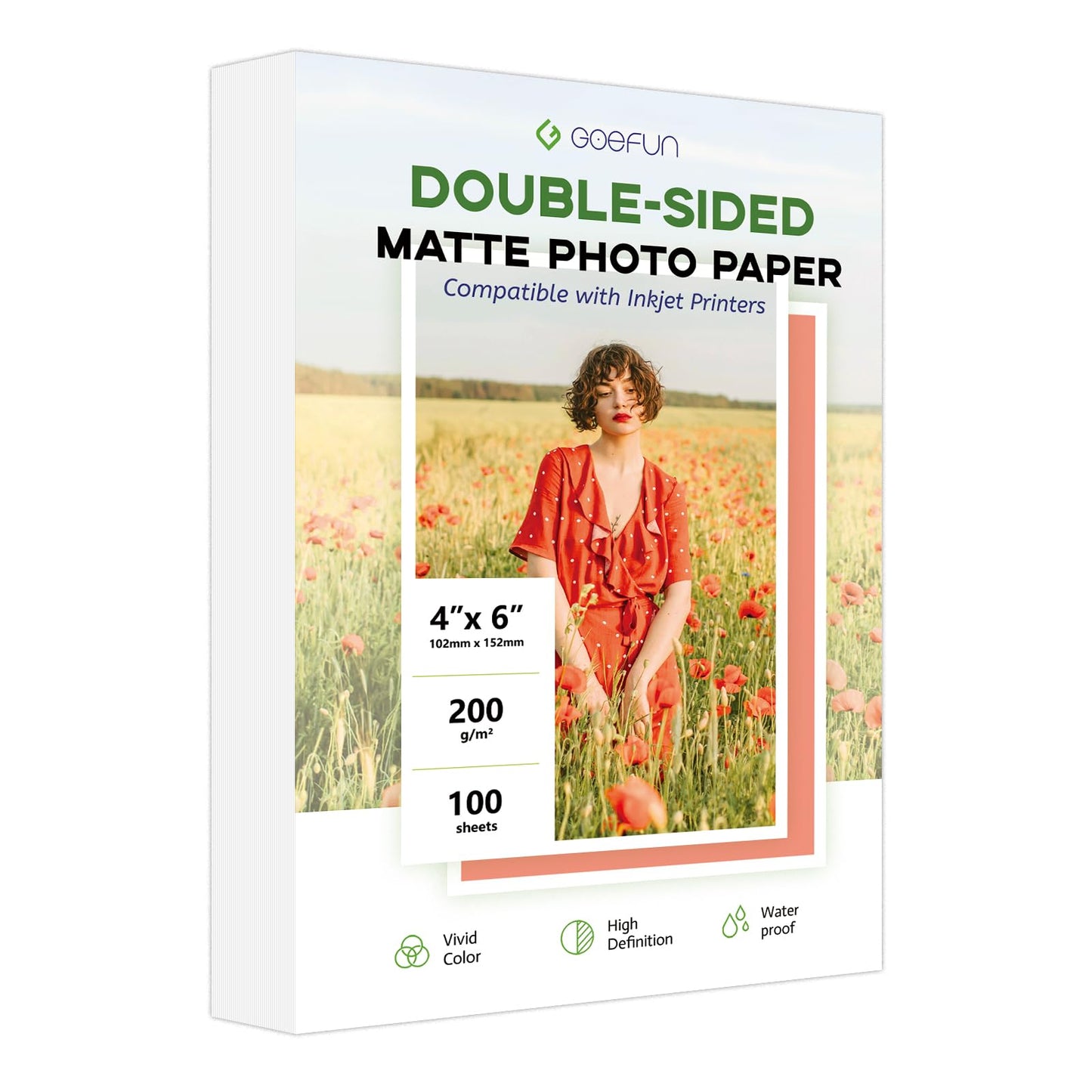 Double Sided Matte Photo Paper 4x6, Goefun 200GSM/54LB Inkjet Printer Paper for Dye Ink and Pigment Ink, 100 Sheets