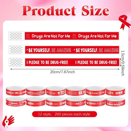 Fuyoooo 2400 Pcs Red Ribbon Week Wristbands Bulk - Drug Free Red Ribbon Week Paper Bracelets Inspirational Awareness Supplies for Anti-Drugs Campaigns, Awareness Events