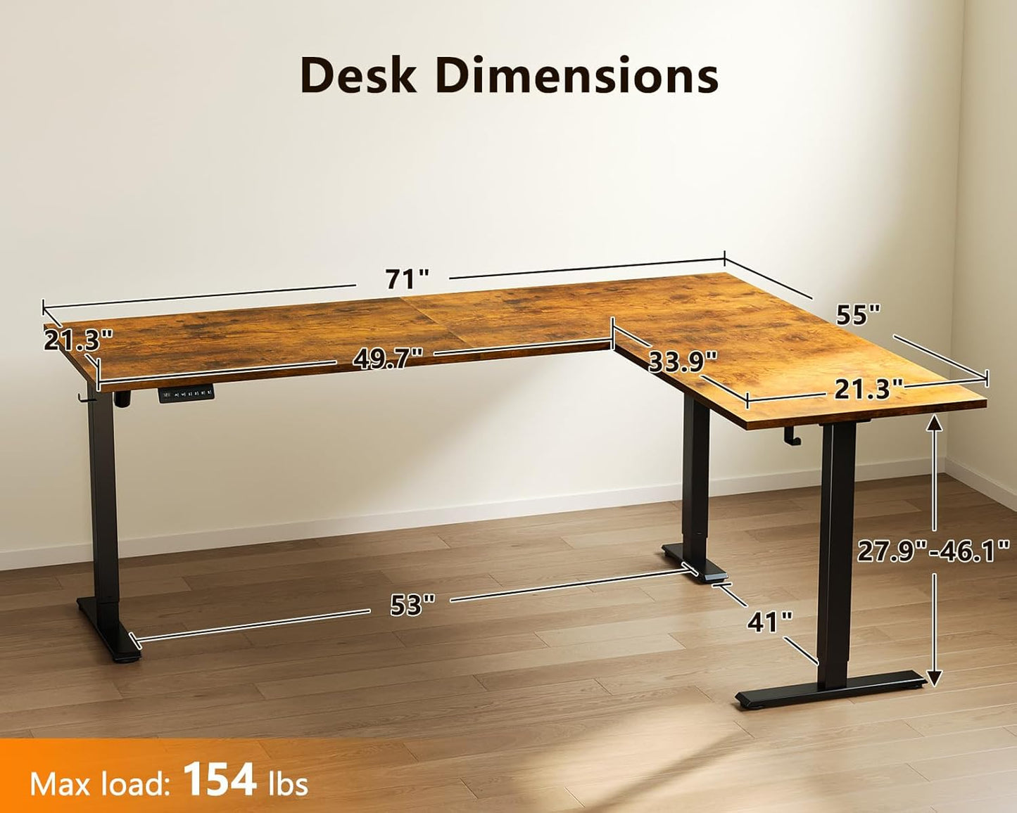 Casaottima 71-Inch Reversible Electric L-Shaped Standing Desk - Height Adjustable Ergonomic Workstation in Rustic Brown