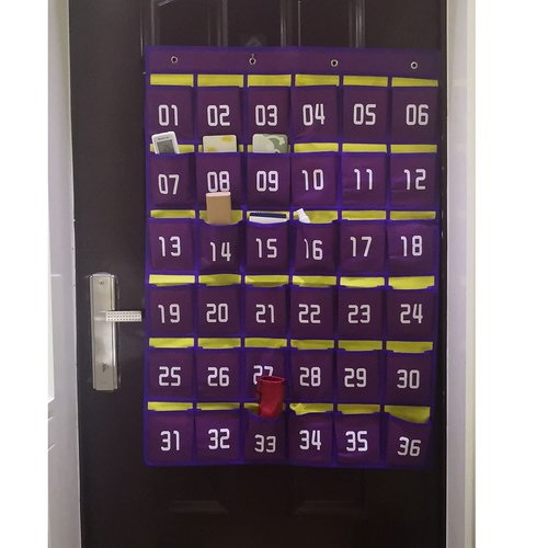 YEALGHAR 36 Numbered Classroom Pocket Charts for Cell Phone Calculator Holder, Wall Door Mount Hanging Organizer with Hooks for Teachers Purple