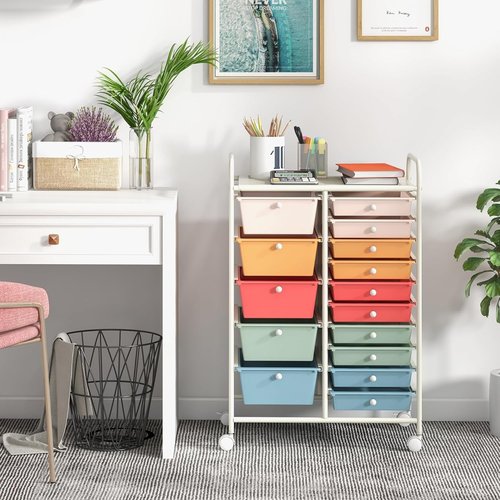 LDAILY 15 Drawer Rolling Storage Cart, Rolling Cart with Drawers for Classroom, Art Supply Craft Organizer on Wheel with Metal Frame & Handles for Home Office School