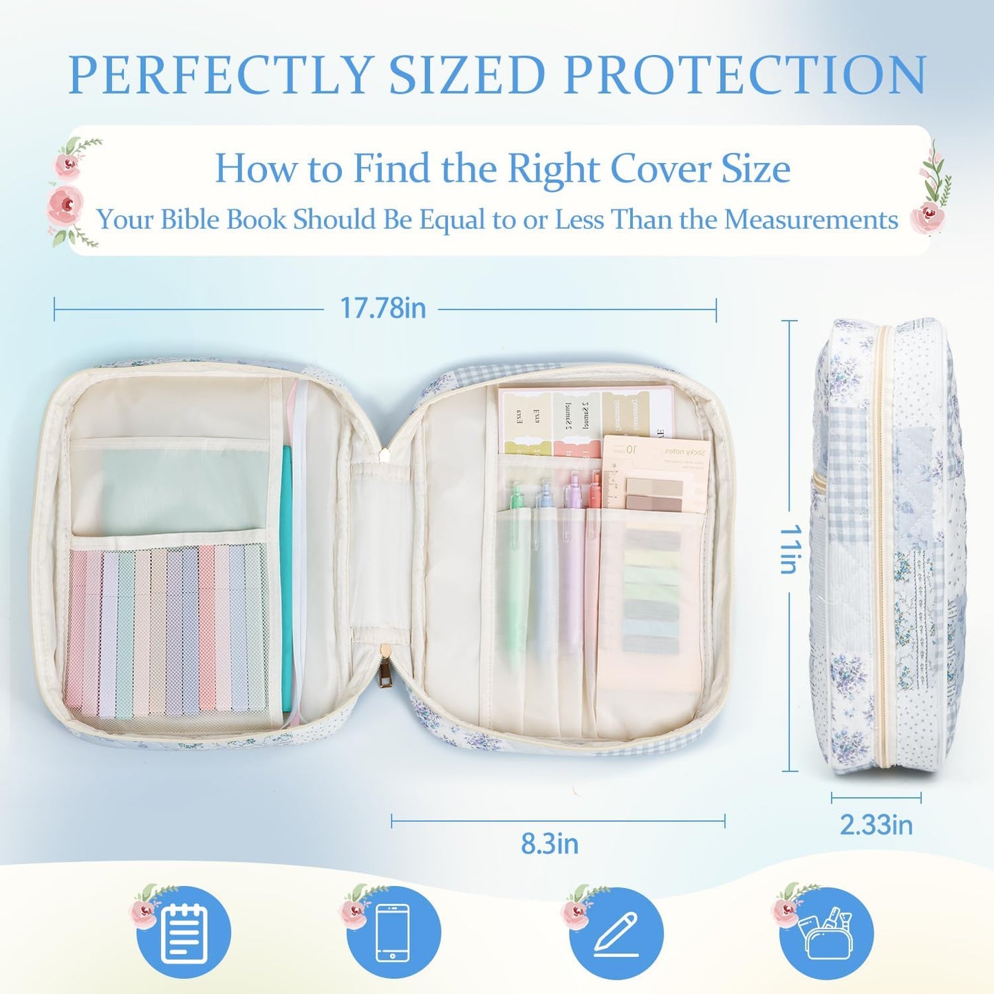 Skiennix Bible Cover Case for Women - Large Quilted Carrying Bag with Handles | Cotton Blue Patchwork, M