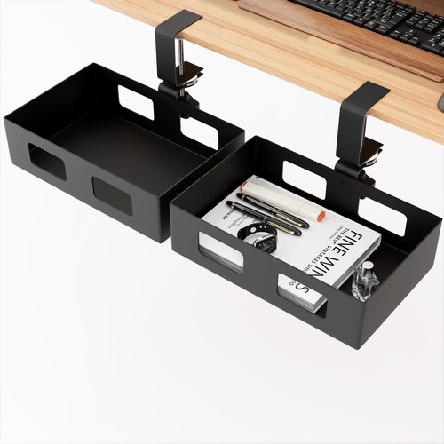 Gaxomo 2 Pack Clamp-on Swivel Organizer, Under Desk Hidden Storage Drawer with Cable Hole, Hanging Metal Basket for Extender Space