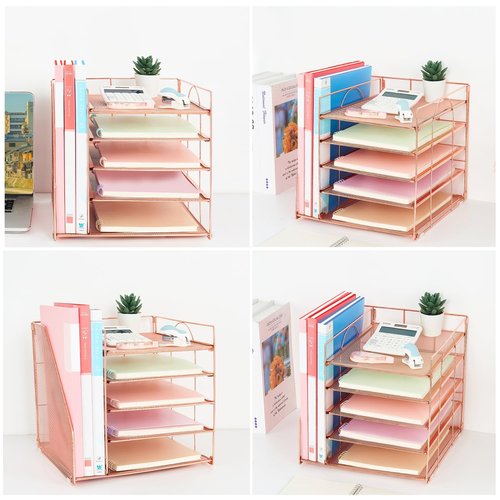 LEKETREE Desk Organizers and Accessories, 5-Tier Paper Letter Tray Organizer with File Holder, Desktop Organizer for Office Supplies, Office Desk Accessories & Workspace (Rose Gold)