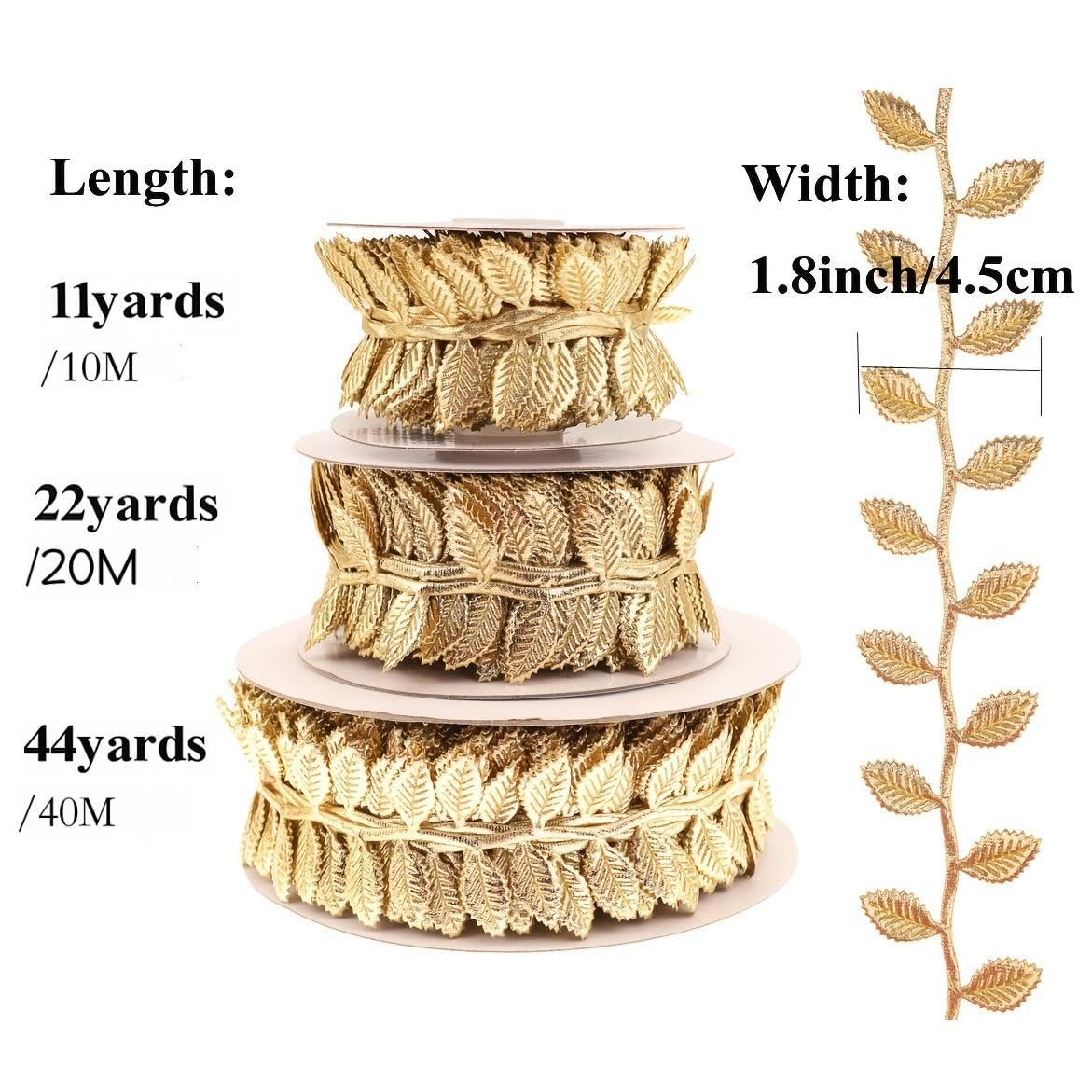 Gold Leaf Trim Ribbon 1-3/4 Inch x 44 Yards – Wired Metallic Organza Edge Ribbon for Wreath, Wedding, Cake, Party, DIY Crafts & Home Decor