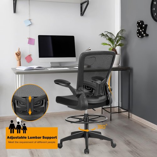 Giantex Drafting Chair, Ergonomic Tall Office Chair with Adjustable Lumbar Support & Footrest Ring, Executive Computer Standing Desk Chair with Flip-up Armrests, High Back Office Rolling Stool, Black