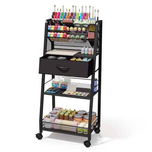 Homsorout 3 Tier Rolling Cart - Metal Utility Cart with Storage Drawer and Wheels, Versatile Art & Craft Organizer for Home, Office, or Studio - Ideal for Storing Brushes, Paints, and Supplies（Black）