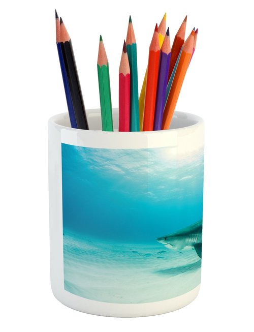 Lunarable Shark Pencil Pen Holder, Tiger Shark at The Bottom of The Ocean Danger Wild Life Nature Image Print, Printed Ceramic Pencil Pen Holder for Desk Office Accessory, Turquoise