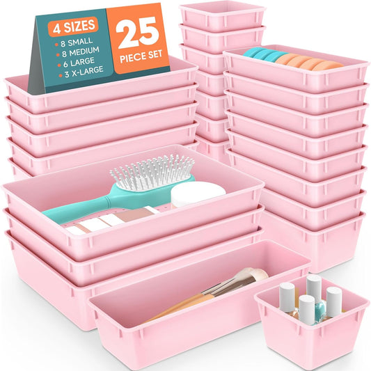 WOWBOX 25 PCS Plastic Drawer Organizer Set - Versatile Storage Bins for Makeup, Jewelry & Gadgets | Pink