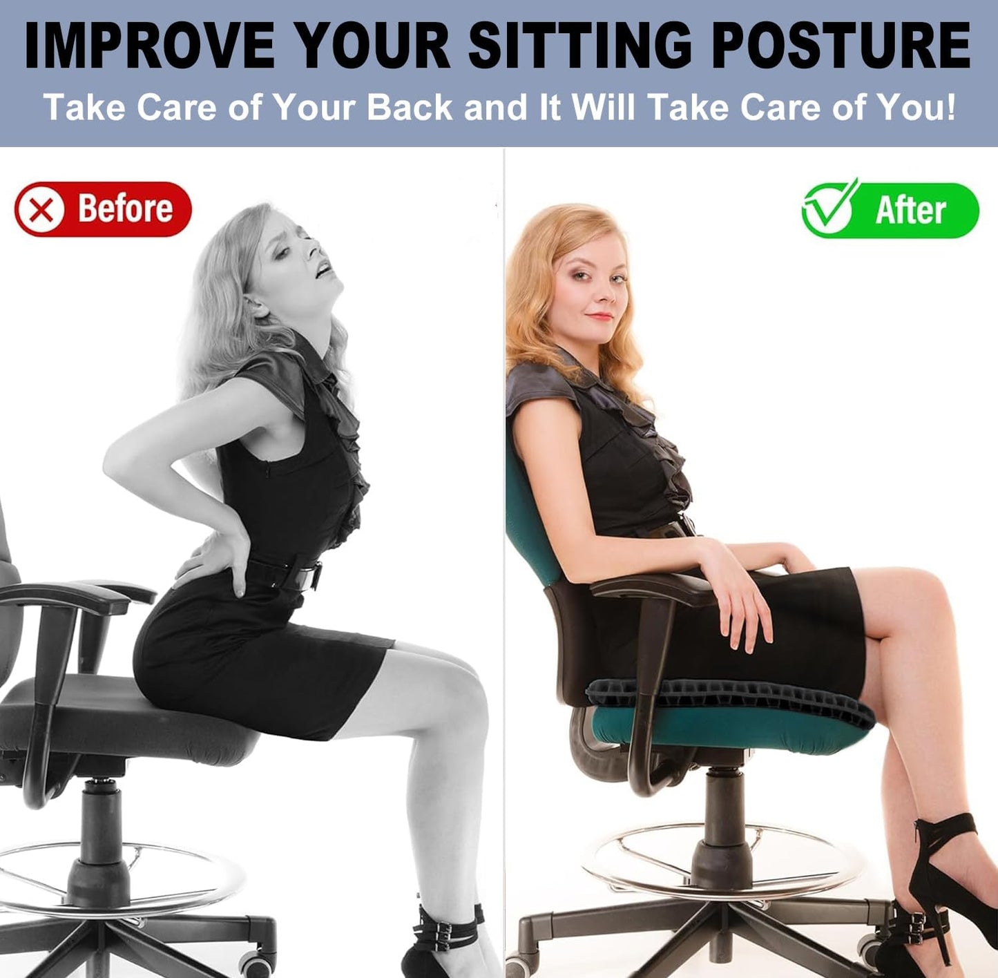 Skiennix Gel Seat Cushion - Jumbo & Thick Office Chair Cushion for Sciatica Relief | Non-Slip Wheelchair & Car Seat