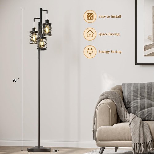 Oneach 70" Industrial Floor Lamp - Stepless Dimmable Standing Lamp with 3 Bulbs | Black Farmhouse Design for Living Room, Bedroom & Office