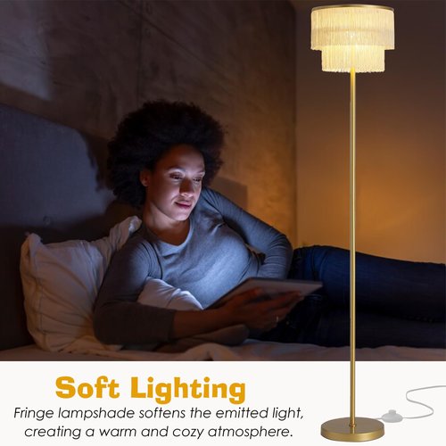 YEPOLI 2 Light Gold Boho Floor Lamp with 2-Tier Tassels/Fringe Lampshade,66" Tall Mid Century Standing Bedroom Lamp,Soft Lighting Nursery Floor Lamp for Bedroom Livingroom