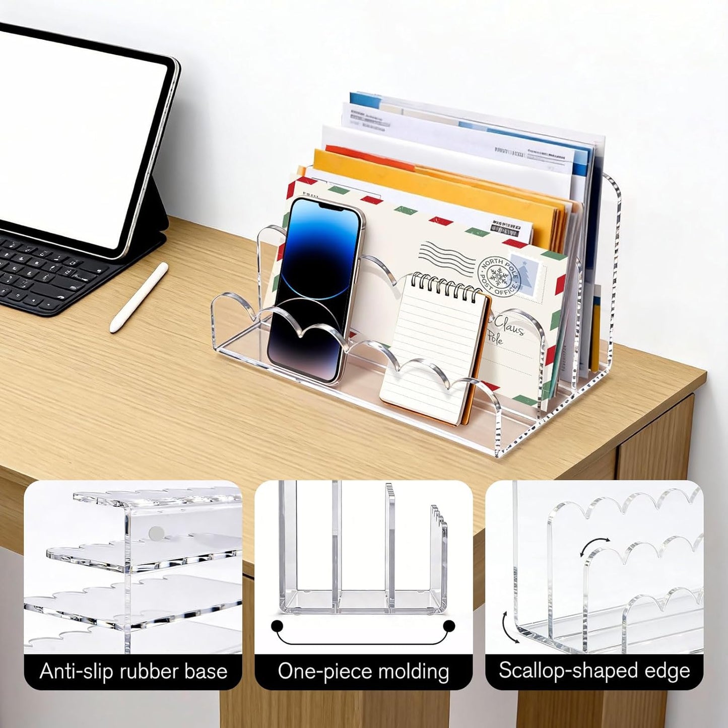 Skiennix Clear Acrylic Mail Organizer - 3-Compartment Vertical Letter Holder for Desk | Sorts Bills & Stationery