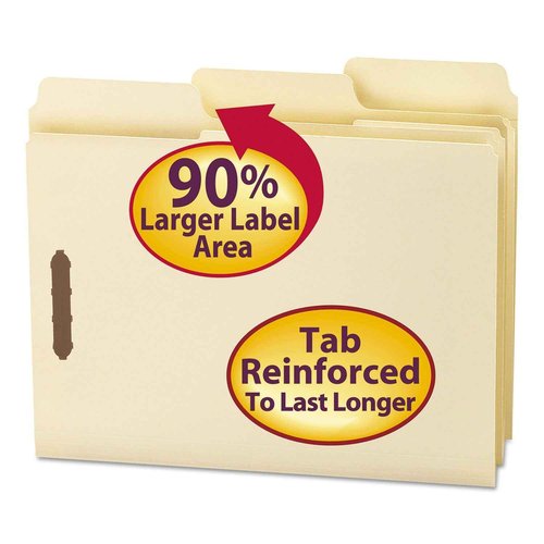 Smead SuperTab® Fastener File Folder, 2 Fasteners, Oversized Reinforced 1/3- Cut Tab, Guide Height, Letter Size, Manila, 50 Each per Box (14535)