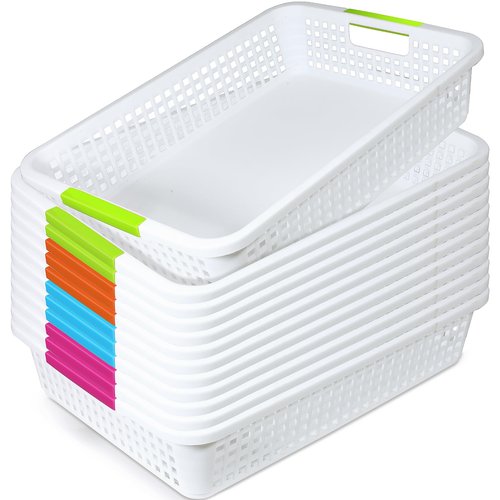 BeapTcely 12 Pack Classroom Storage Baskets 15''x10''x3'' Large Plastic Classroom Paper Trays with Handle Letter Size A4 Paper Toy Basket Turn in Trays for Library, Office Desk Drawer Organizing (12)