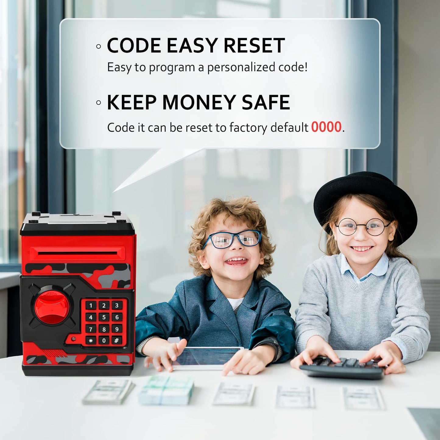 ATM Piggy Bank for Boys Girls, Vcertcpl Mini ATM Coin Bank Money Saving Box with Password, Kids Safe Money Jar for Adults with Auto Grab Bill Slot, Great Gift Toy Bank for Kids(Camouflage Red)
