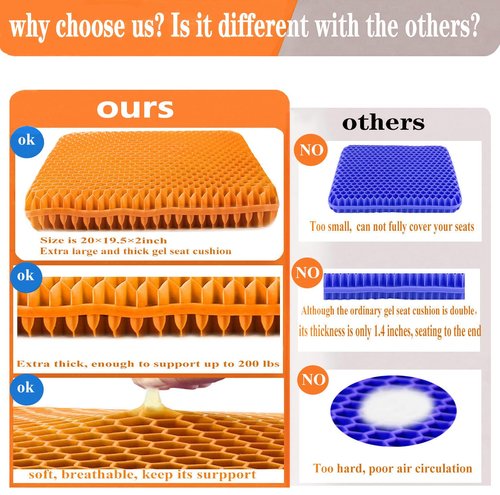 Plus Size Gel Seat Cushion for Long Sitting, Extra Large and Thick, Gel Seat Cushion for Back, Hip, Sciatica, Tailbone Pain Relief, Used for The Office, Wheelchair, Recliner, Car, Stadium(Orange)