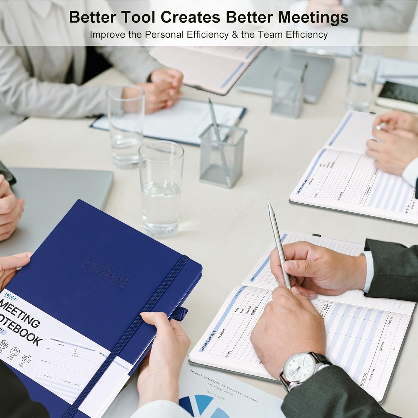 WEMATE Meeting Notebook - B5 Project Planner for Work | Action Items & Agenda Tracking, Dark Blue, 7x10 Inch