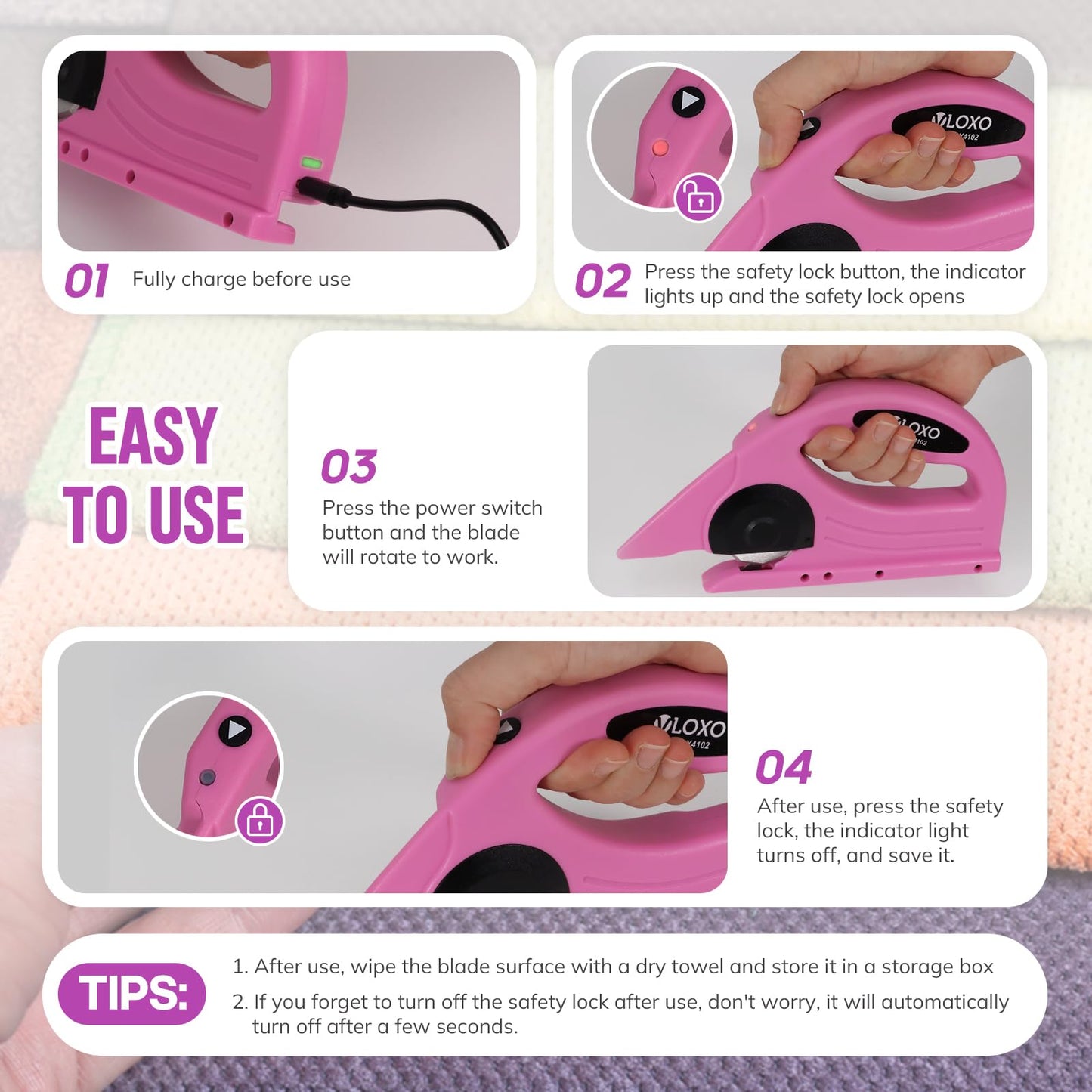 VLOXO Cordless Electric Scissors, 4V Electric Rotary Scissors for Fabric Cardboard Cutter with Safety Lock Rechargeable Rotary Cutter for Cardboard Packages Leather Canvas Paper Include Case