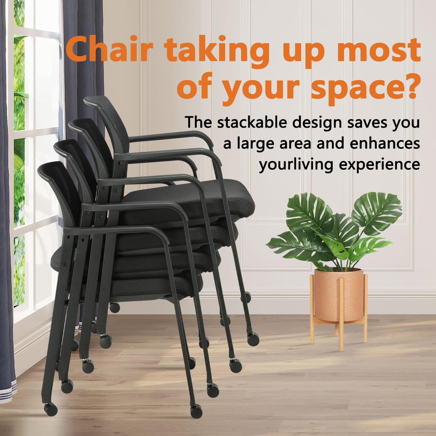 CLATINA Black Waiting Room Chair with Wheels Mesh Back Stacking Arm Chairs with Upholstered Fabric Seat and Ergonomic Lumbar Support for Office School Church Guest Reception