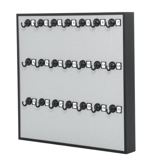 International Stand Company Key Holder # 21MAF, Key Rack for Wall, Aluminum Framed 21 Bolted Metal Hooks with Numberplate, Extra Space, and Adjustable Hangers (21 Sets of Tag & Ring Included)