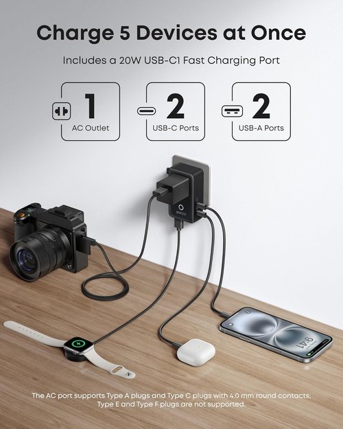 Anker Nano Travel Adapter - 5-Port Power Adapter with Smart Temperature Control | 20W, Works in 200+ Countries