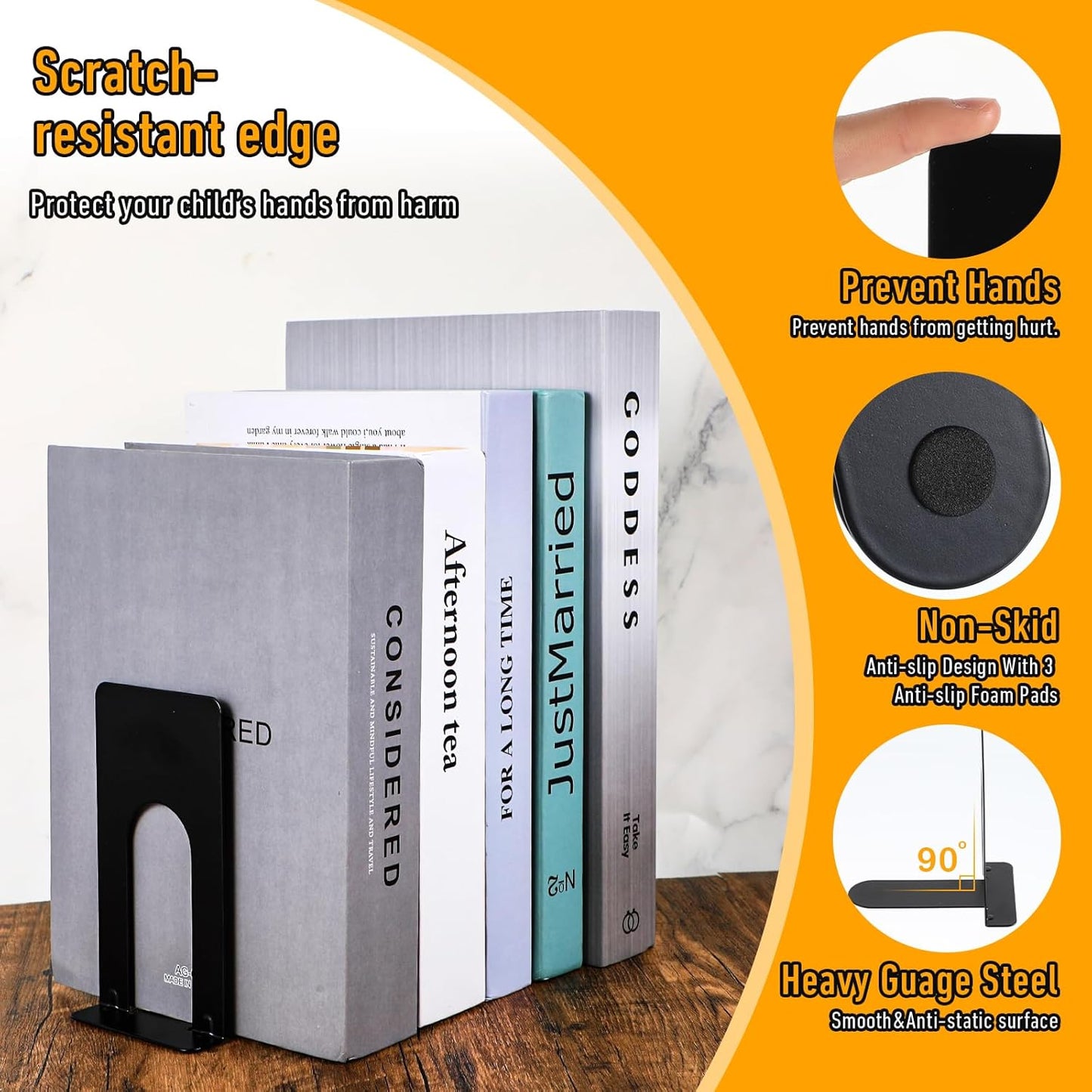 Skiennix Heavy Duty Metal Bookends - Nonskid Design for Home & Office | 10 Pairs in Black
