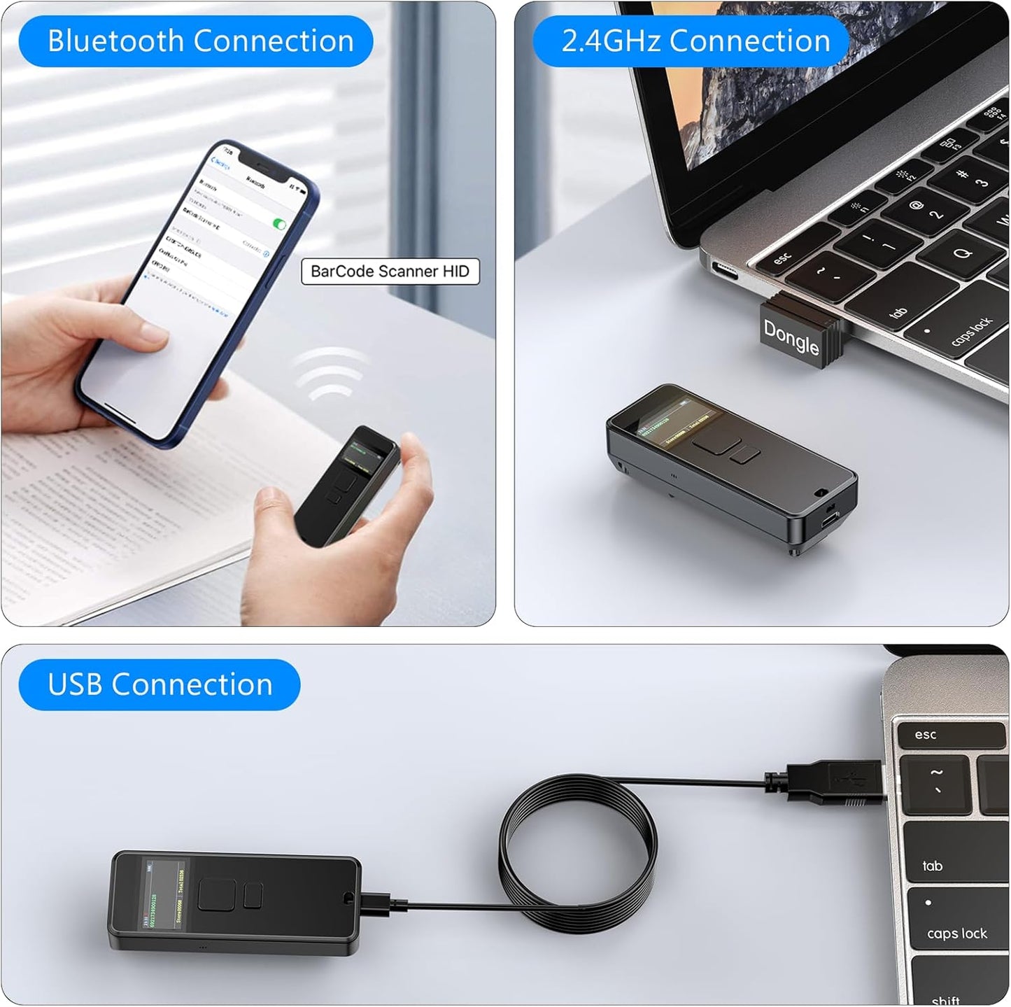 Symcode Bluetooth Barcode Scanner - Wireless 1D Scanner with Display Screen & 2000mAh Battery | Portable Mini for iPhone, iPad, Android