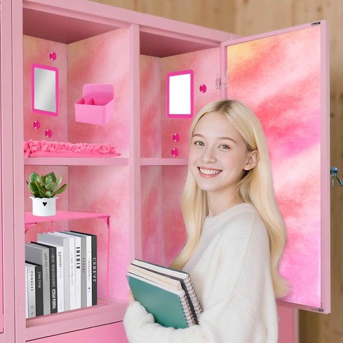 AUECOOME Locker Organizer and Locker Accessories Kit Includes Shelf、Rug、Mirror、Whiteboard、Storage Cup、and Magnetic Wallpaper Pink Locker Accessory for Girls Back to School Essentials (Rose Red)