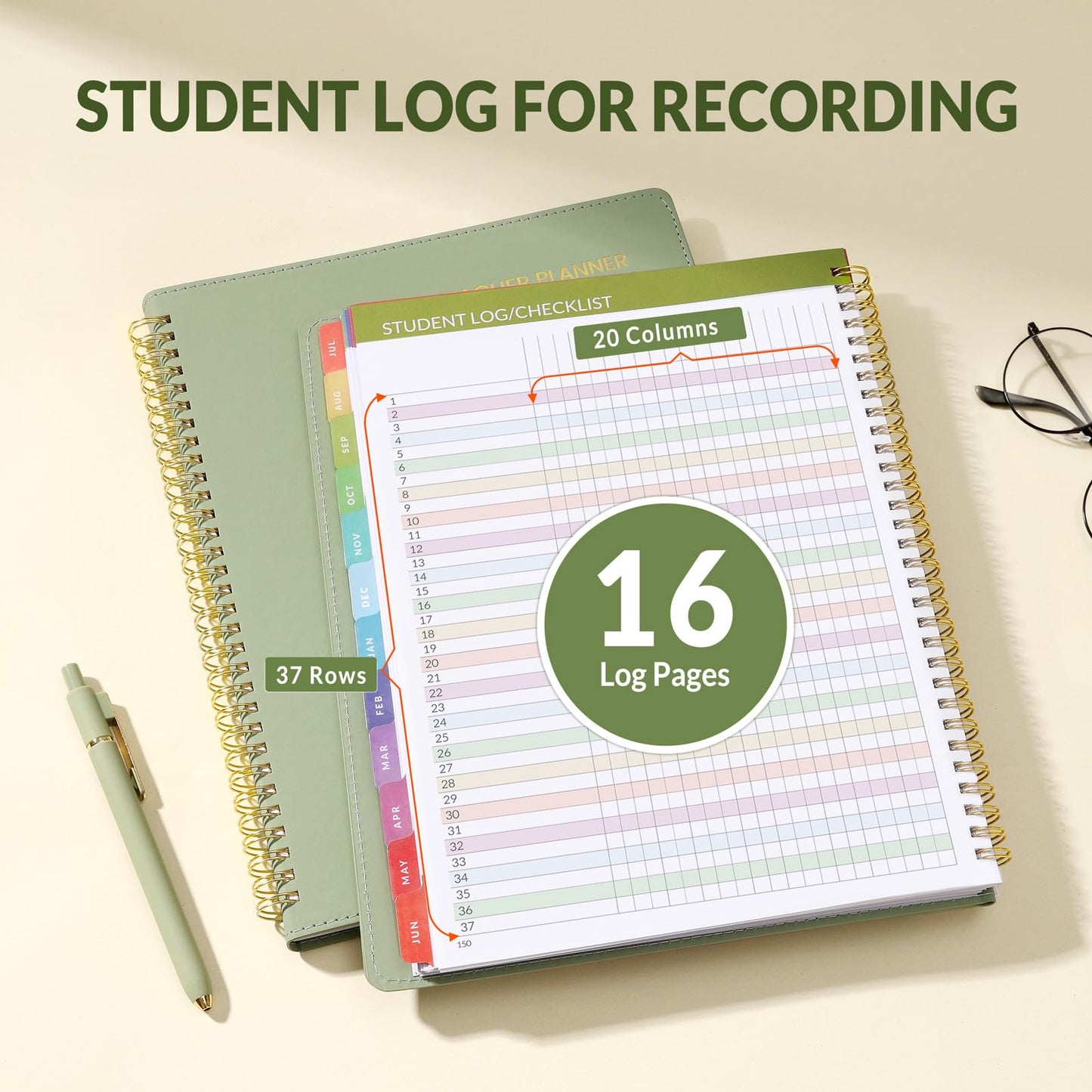 SUNEE Teacher Planner 2026-2027 Academic Year with 7 Periods, Jul 2026 - Jun 2027 Lesson Planner Book 8.5"x11" School Agenda with Subjects, Teacher Calendar with Vegan Leather Cover, Color Tabs, Green