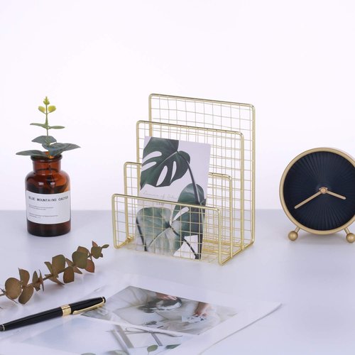 Geiornzer 3 Slots Letter Holder, Metal Multifunctional File Holder for Mails, Books, Brochures and Postcards, Desktop Office Organizer Decoration, 5.6” x 3.7” x 7.0”, Gold