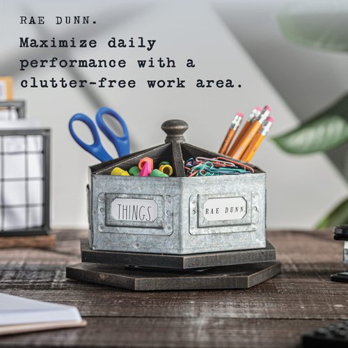 Rae Dunn by Designstyles Rotating Decorative Organizer – Steel Desktop Stationary Spinner Holder - 6 Compartment Table, Dresser and Counter Top Pen and Pencil Cup - Office, Home and Art Supplies