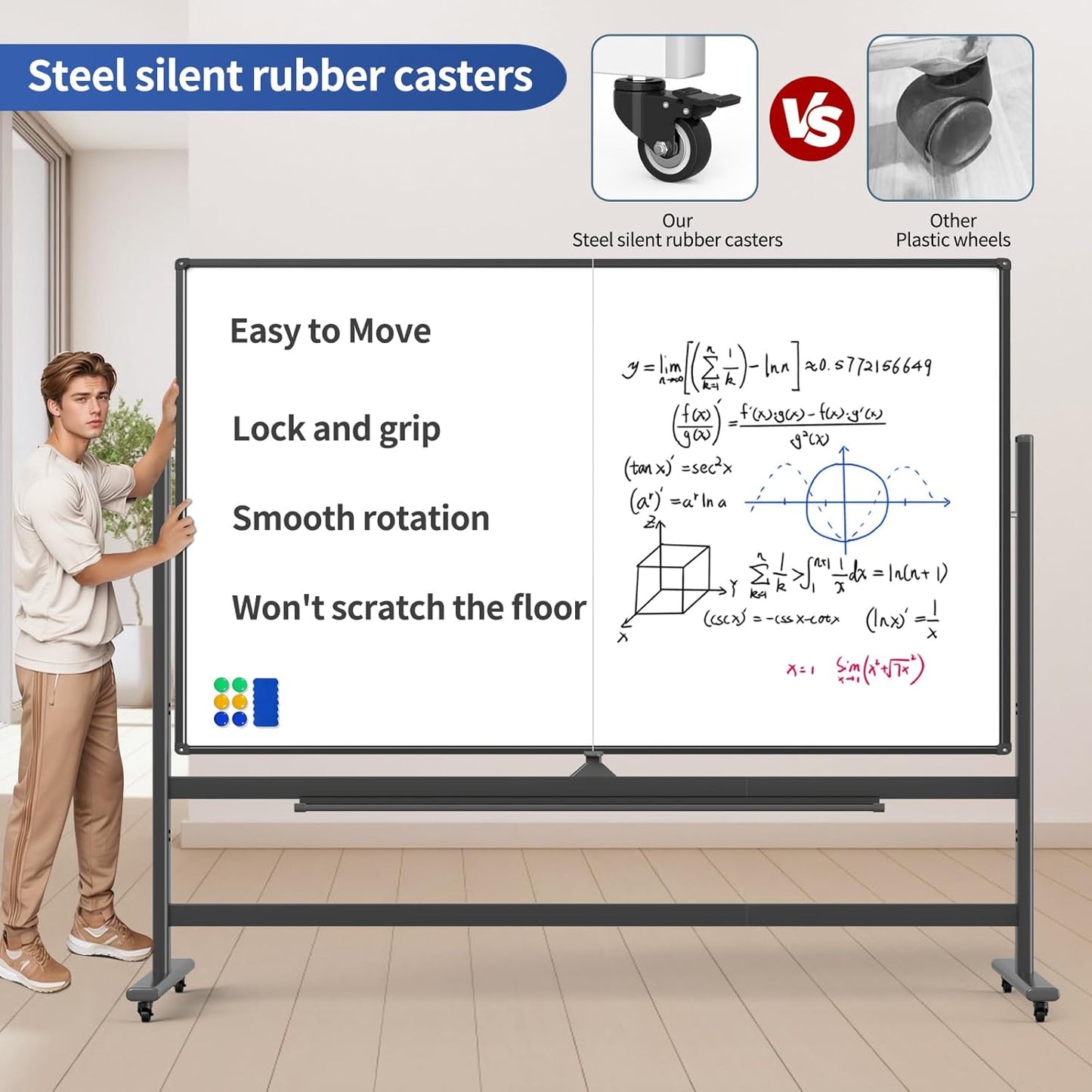 Skiennix Double-Sided Rolling Whiteboard - 72 x 48 Inches Magnetic Dry Erase Board on Wheels