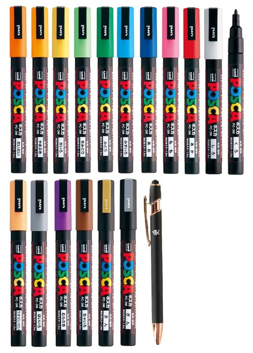 Uni Paint Marker Poster Color 17 Marking Pen Fine Point PC-3M 15 Standard & Gold,Silver Set With Kanji LOVE Sticker