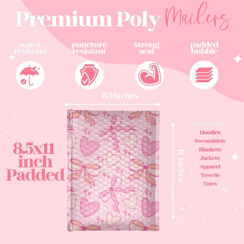 6x9 Designer Bubble Poly Mailer 50 Pack Heavy Duty Waterproof Self Seal Shipping Bags for Small Business Large Mailing Envelopes Bulk Tear Resistant Padded Pink Coquette Bubble Mailer