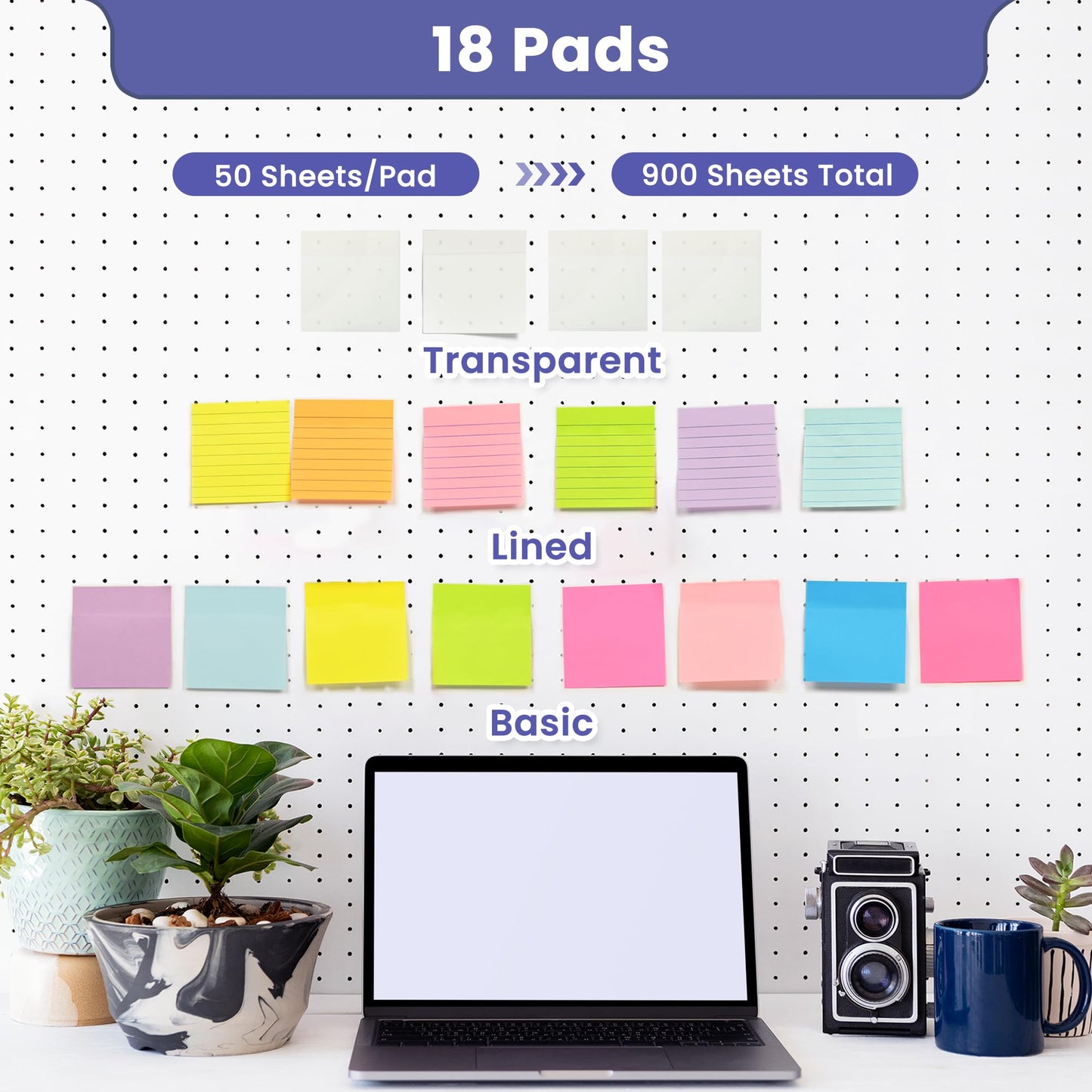 Lumspax 3x3 Inches Sticky Notes Variety Pack, 18 Pads Self Stick Notes, 50 Sheets/Pad, 900 Total Sheets, Included Blank, Lined and Transparent Pads, Bulk Teacher School and Office Supplies