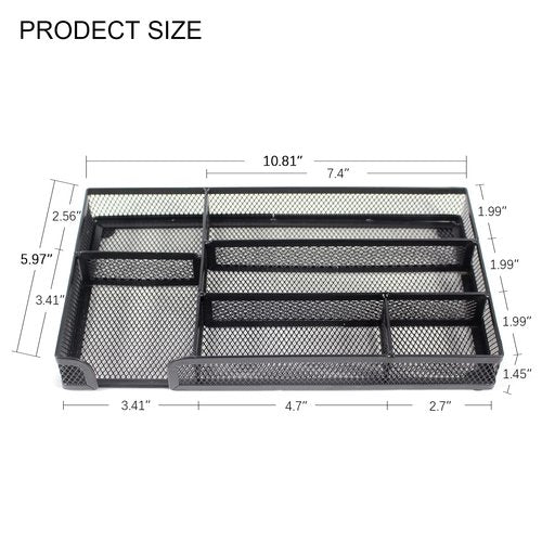 ROSROSE Desk Drawer Organizer 2 Pack, Office Drawer Organizer, 6 Grid Metal Mesh Drawer, Small Desk Organizer Tray Accessories for Office School Home, Bathroom, Kitchen, 11X 6 X 1.45in,Black