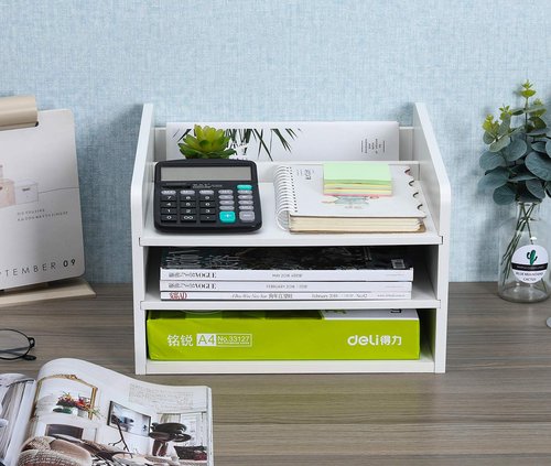 PAG Wood Desktop File Organizer Office Phone Stand for Desk Adjustable Desktop Shelf Mail Sorter Paper Magazine Holder Rack, White