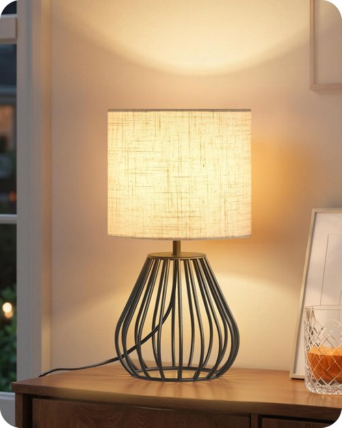 Regine Switzerland Black Table Lamp - Modern Metal Cage Design with Linen Shade | Cozy Nightstand Light, 2700K LED Bulb Included