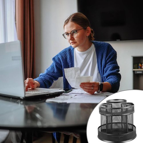 Rotating Pencil Holder, Black Metal Mesh Desktop Organizer Rotating Pen Organizer Desktop Storage Caddy for Home Office