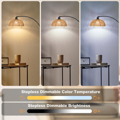 Rattan Floor Lamp- Modern Black Standing Floor Lamps with Remote Control and Stepless Dimmable Bulb, Hand-Worked Adjustable Rattan Lamp Shades Bohemian Floor Lamps for Living Room, Bedroom, Office