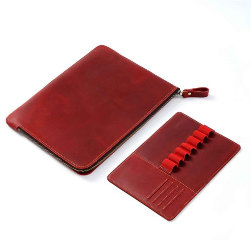 AIGUONIU Genuine Leather Zip Pen Case Creative 7 Slots Pen Case With Removable Pen Tray Holder Pencil Case Office Supplies Pouch(Red)