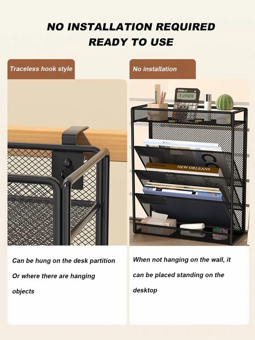 ZNMYDMT 5 Tier Mesh Wall File Organizer,3 Pockets vertical Mount Hanging Organizer with Top/Bottom Tray | 2 Hooks | Wall Mount & Door Hanging for Office Home