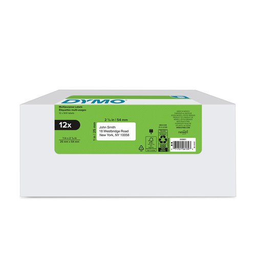 DYMO Authentic LW Multi-Purpose Labels for LabelWriter Label Printers, White, 1" x 2-1/8", 12 rolls of 500 (6000 Total)