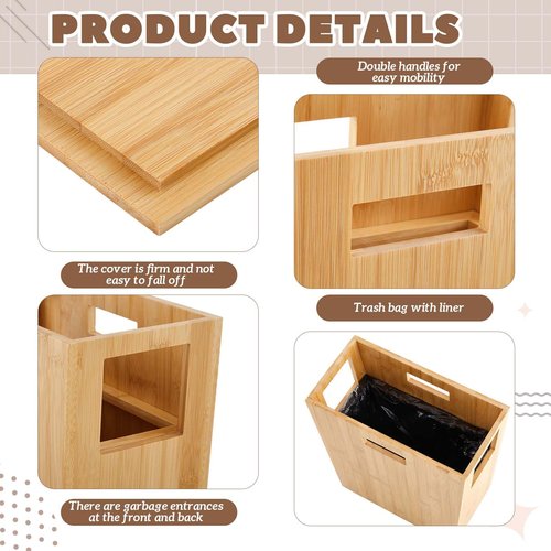 Reallnaive Slim Bamboo Trash Can for Bathroom Small Wooden Trash Can with Lid Wooden Waste Bin with Handle for Bathroom, Home, Office, Laundry, Bedroom, Kitchen, Living Room,12.9'' x 6.4'' x 13.3''